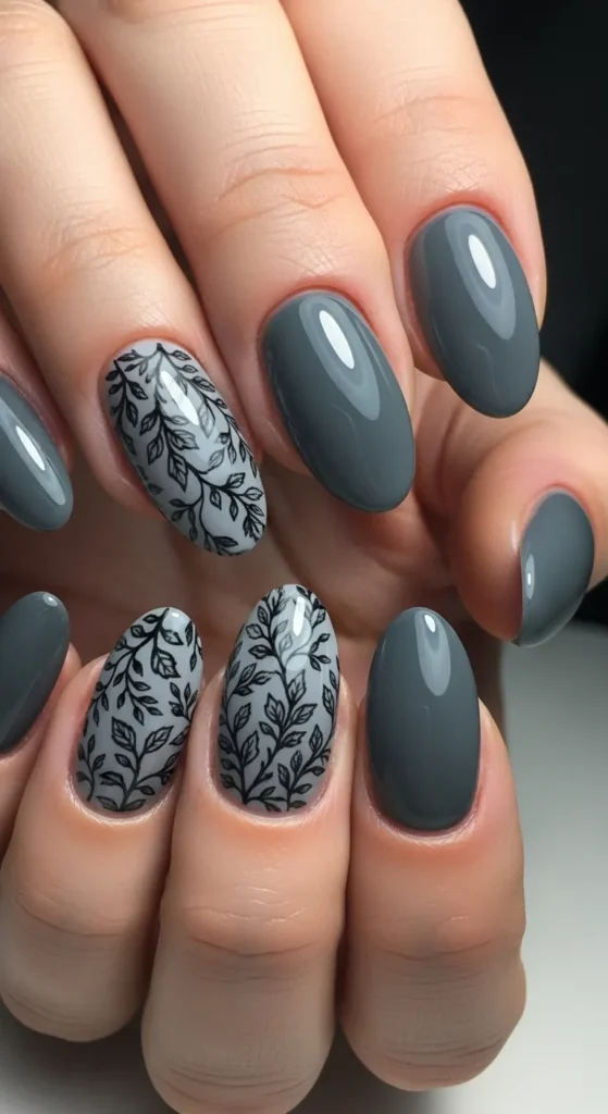 Ash Grey + Charcoal Leaf Print