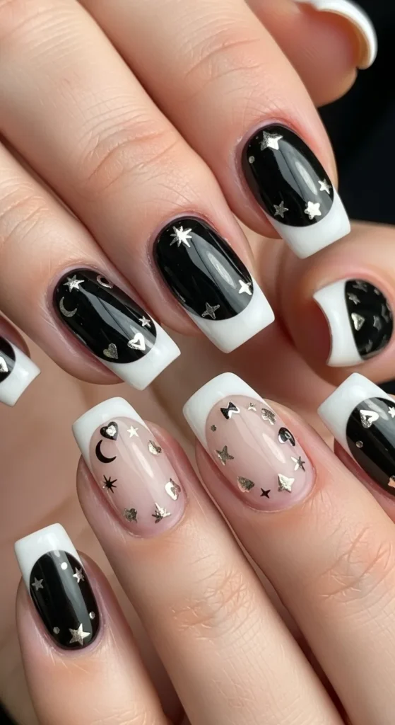 Sticker-Accented Black-White French nails