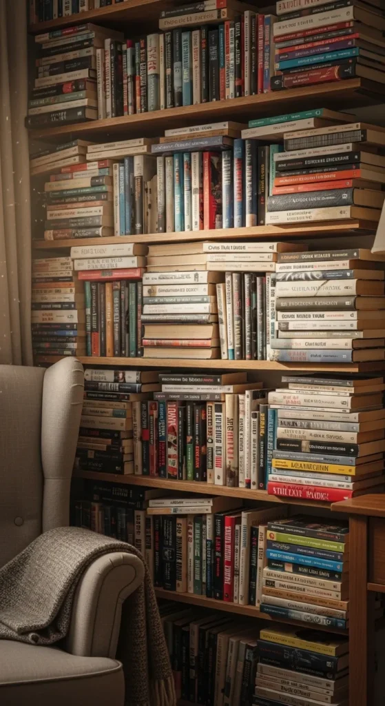 Bookshelves Overflowing with Paperbacks