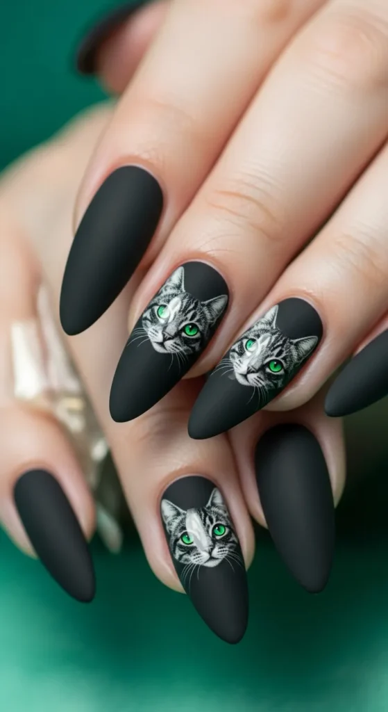 Matte Black Cats with Emerald Eyes
