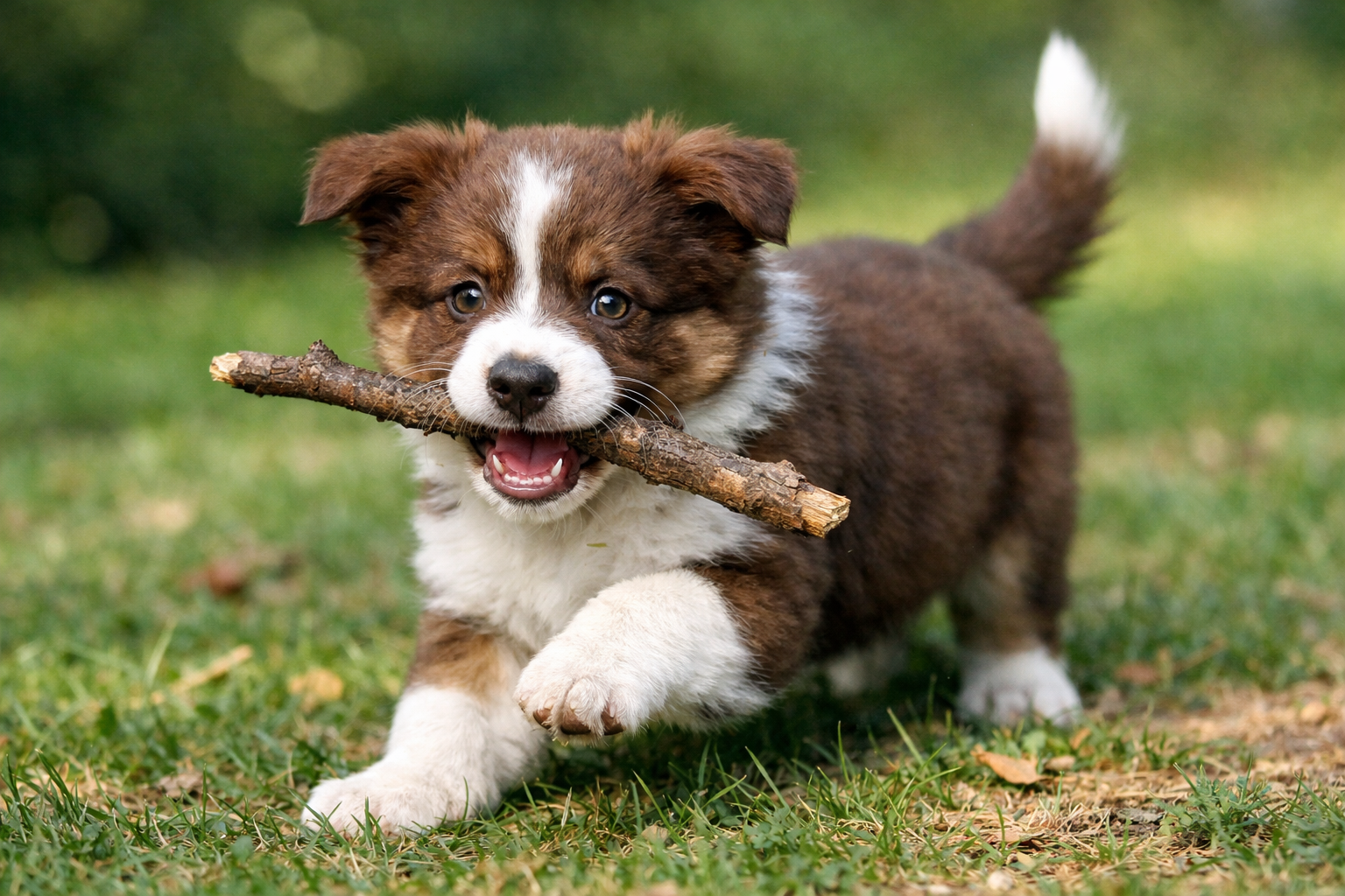 Brown and white puppy running on grass with a stick in its mouth